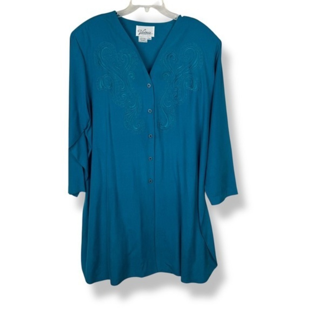 Victoria Soie 100% Silk Dress Womens Size 22 W Teal Embroidered‎ Boho Artsy VTG